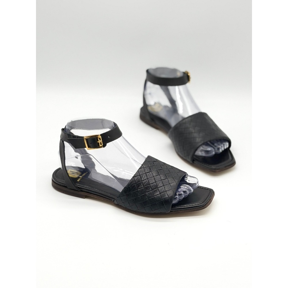 BRUNO MAGLI Rita Sandals Women 37.5 Black Woven Ankle Strap Flat Leather Square